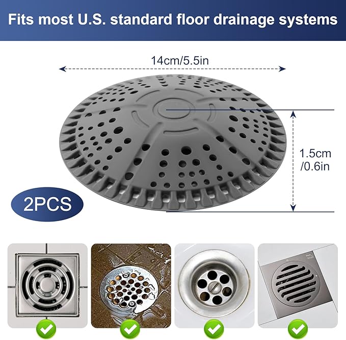 Shower Drain Hair Catcher 5.5 in Round Bathroom Sink Drain Strainer with Metal Core Silicone Shower Drain Cover Protector for Flat Drains of Shower Room, Bathroom Sink, Kitchen, Gray