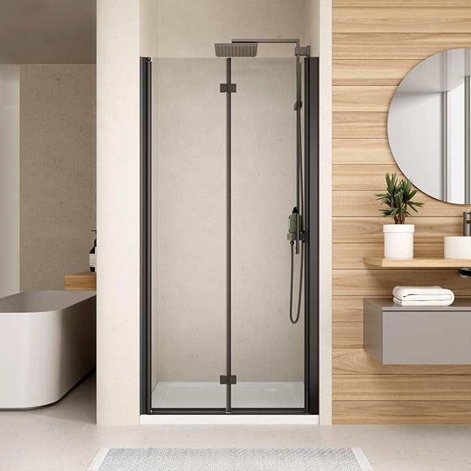 Bifold Shower Door, Royal Guard 34" W X 72" H Frameless Glass Shower Door with 1/4" (6mm). Clear Tempered Shower Glass Door,Pivot Swing Shower Doors,Matte Black