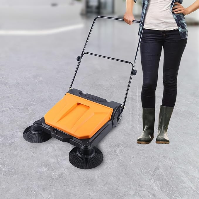 Walk Behind Outdoor Push Sweeper, 26 Inch 15L Walk-Behind Outdoor and Indoor Push Carpet Sweeper with Dual Side Broom Fold-Flat Manual Industrial Push Cleaner for Street Garden Warehouse