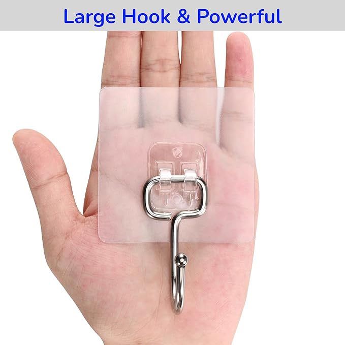 Large Adhesive Hooks, 8-Pack Sticky Hangers for Hanging Heavy Duty, Transparent Waterproof Oil-Proof and Rustproof, Towel and Coats Hooks for Bathroom,Kitchen Home and Office
