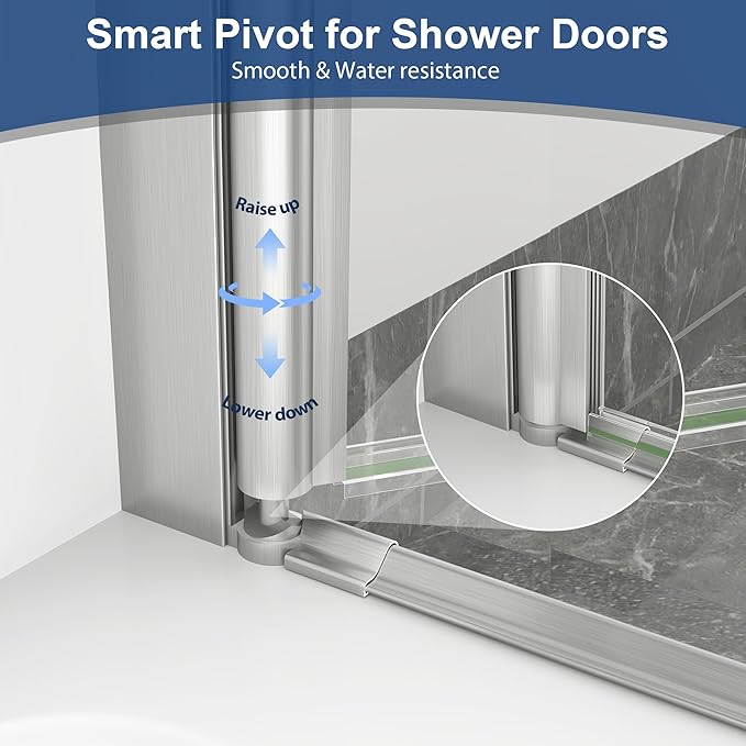 KPUY Pivot Shower Door, 24-26" W x 72" H Frameless Single Swing Glass Shower Door with Explosion-Proof Film Nano Coating, 1/4" (6mm) Thick Tempered Clear Glass, Brushed Nickel