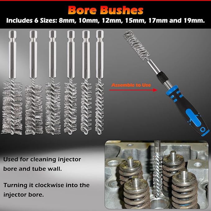 Professional Diesel Injector-Seat Cleaning Kit 8090S on Cylinder Heads, Including Helix Brushes, Two-Stage Brushes, Bore Brushes and Swabs (Stainless Steel, 17-Pack)