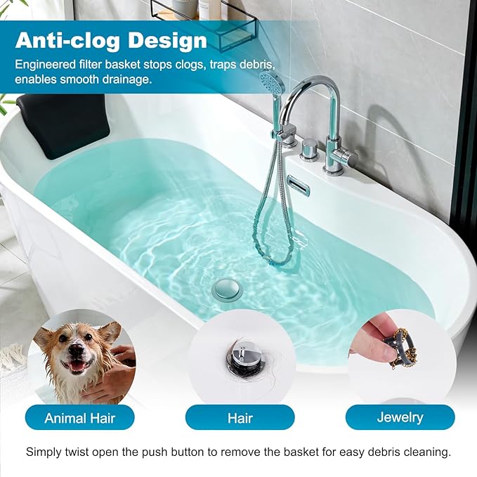 Hibbent 2 Pack 3 in 1 Metal Bathtub Drain Stopper, Universal Pop Up Tub Stopper with Removable Filter Basket, Anti-Clogging Bathtub Hair Catcher for 1.5''~2.4'' Drain, Brass Bullet Core, Chrome