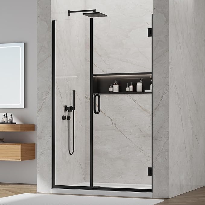 Pivot Shower Door, Adjustable Width 48" W x 76" H Hinged Shower Glass Door with 3/8" (10mm) Clear SGCC Tempered Glass with Nano Easy-Clean Coating, L01 Matte Black