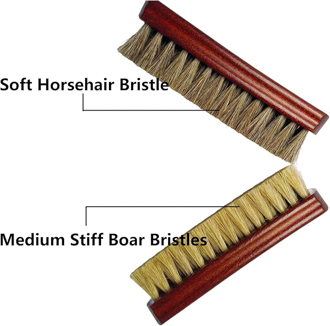 Shoe Cleaning Brush Set of 2 Brushes with Horsehair and Boar Bristles, 6" Concaved Handle for Premium Grip, Wooden Sneaker Brush for Leather, Boot, Canvas, Textile, Bags and Accessories