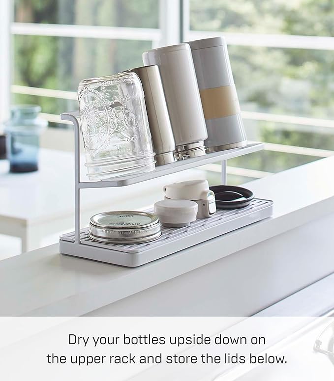YAMAZAKI Home Tower Countertop Two Tier Bottle Drying Rack, Wide Jug Storage Stand with Drainage Tray for Kitchen Counter for Glass Metal Or Plastic Bottles - Steel