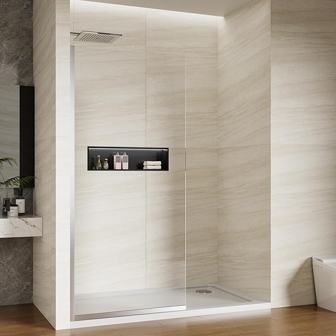 Shower Screen 36" x 76" Half Frameless Shower Wall Panel, Tempered Glass 3/8 inch, Easy to clean Coating, Fixed Glass Shower Door with Hardware (Chrome)