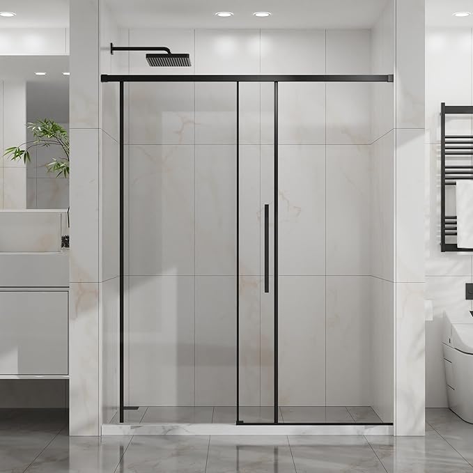 Semi-Frameless Shower Door 60" W x 72" H, 1/4" Clear Tempered Glass, Sliding Design, Reversible Installation, Matte Black Finish, Space-Saving Glass Shower Door for Small Bathrooms
