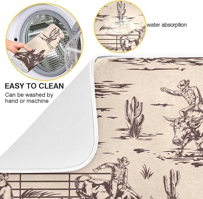 West Cactus Cowboy Dish Drying Mat for Kitchen Counter Absorbent Microfiber Drying Pad, Medium 16x18 in, Reversible Drainer Mats