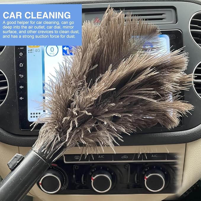 2pcs Ostrich Feather Duster for Cleaning, 9.8-16 inch Fluffy Natural Retractable Feather Duster with Retractable Handle (Black)