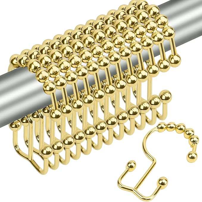 Shower Curtain Hooks,Sturdy Stainless Steel Double Sided Shower Hooks Rings for Bathroom Shower Curtain Rods Curtains Set of 12 Hooks - Gold
