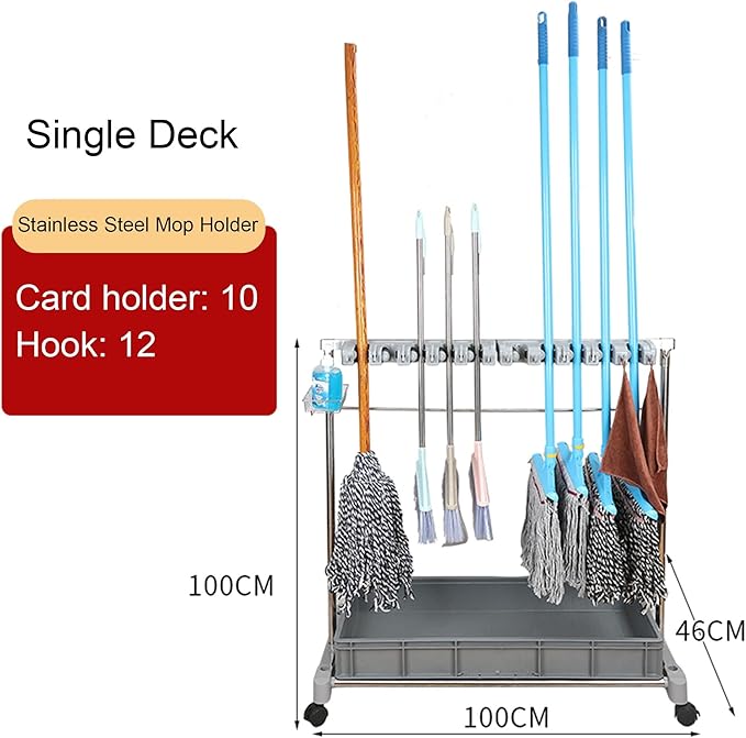 Movable Commercial Mop Rack,Floor Standing Cleaning Tool Cart Storage,Mop and Broom Garden Tool Holder,Housekeeping Cart, Umbrella Stand,Double Deck Stainless Steel Bracket,can Put Wet Mop (Color :