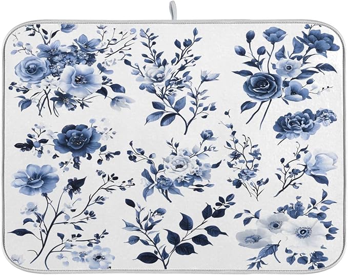 Blue White Porcelain Flower Dish Drying Mat for Kitchen Counter Absorbent Microfiber Drying Pad, Medium 16x18 in
