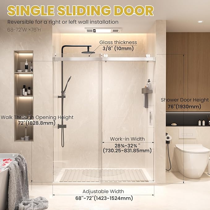 Shower Door 68–72in W x 76 in H, 3/8" Tempered Glass Sliding Shower Door, Frameless Brushed Nickel, Soft-Close with Buffer, Reversible Installation for Modern Bathroom