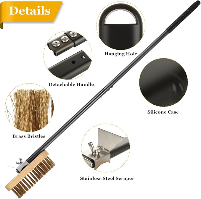 1 Pcs Adjustable 47" Pizza Oven Brush with Scraper, Brass Bristles Pizza Stone Brush with Detachable Handle and Screwdriver, Pizza Oven Accessories for Cleaning Pizza Oven