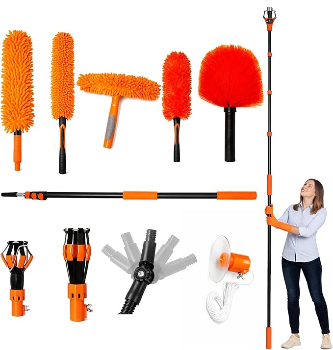20FT Light Bulb Changer for High Ceilings, 10PCS Extension Pole Kit with 360° Adjustable Bulb Grabber, Ceiling Fan Duster & Window Cleaner, No Ladder Needed