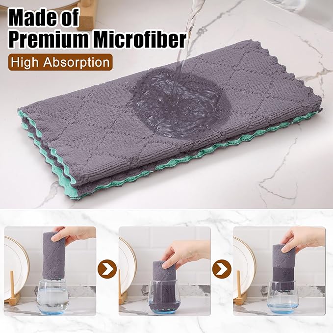 Mordimy 12 Pack Kitchen Towels (20" x 10", Grey & Green), Super Soft and Absorbent Dish Towels, Coral Velvet Microfiber Cleaning Cloth, Nonstick Oil Fast Dry Dish Cloths