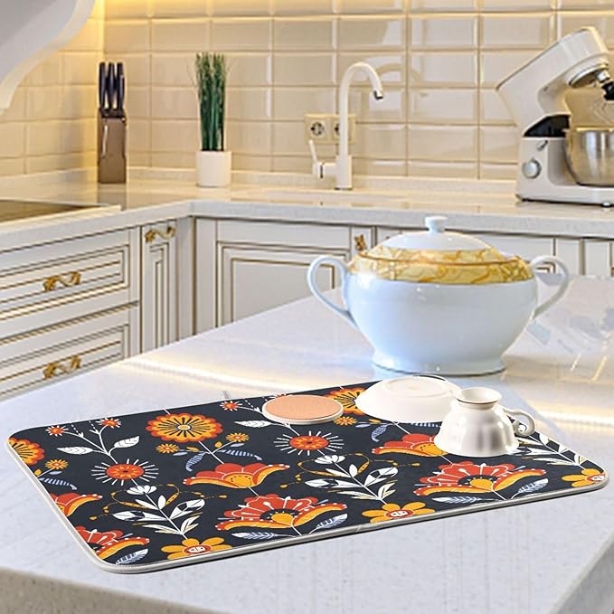 Floral Pattern Traditional Folk Art Dish Drying Mat for Kitchen Counter Absorbent Microfiber Drying Pad, Large 18x24 in, Reversible Drainer Mats
