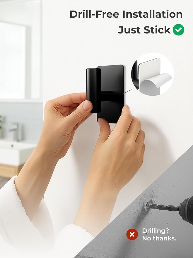Towel Hooks for Bathrooms – 2 Pack, Matte Black Finish, T-Shaped Stainless Steel Adhesive Wall Hooks for Robes & Towels in Kitchen, Shower, or Closet