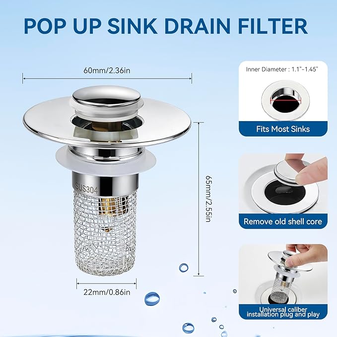 Universal Bathroom Sink Stopper & Hair Catcher, Stainless Steel Drain Filter Strainer, Anti-Clog Pop Up Drain Stopper for US Standard Bathroom Sinks(2PCS)