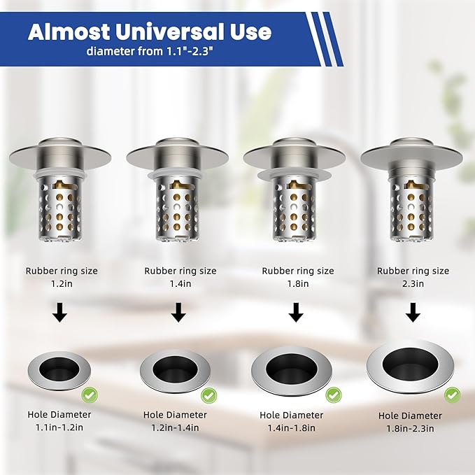 Universal Bathroom Sink Drain Strainer Hair Catcher 2PCS Upgraded with Removable Stainless Steel Filter Basket, 3 in 1 Pop Up Sink Stopper for 1.1''~2.36'' Sink Basin Hole, Brushed Nickel