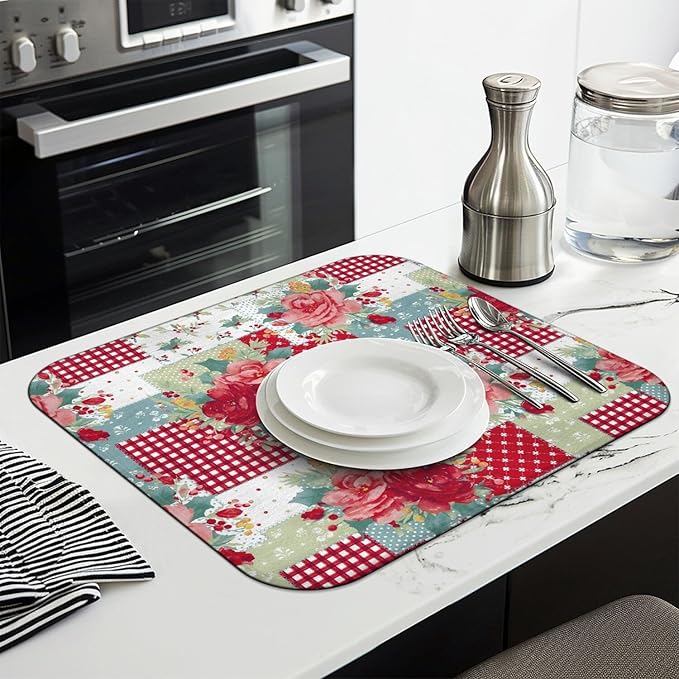 Dish Drying Mat Drainer Pads - Extra Large Microfiber Drying Mats for Dishes Kitchen Counter Super Absorbent Pads for Draining Racks (Red,16"x18" )