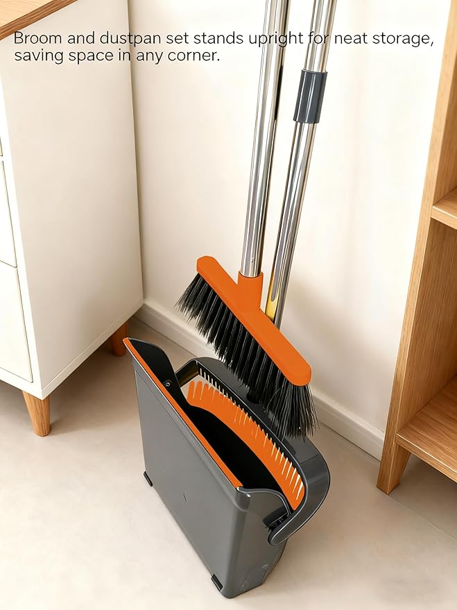 Upgrade Long Handle Design Broom and Dustpan Set - for Home & Office Use, with Upright Standing Dustpan, No Bending,Suitable for Indoor & Outdoor Sweeping,Orange and Grey
