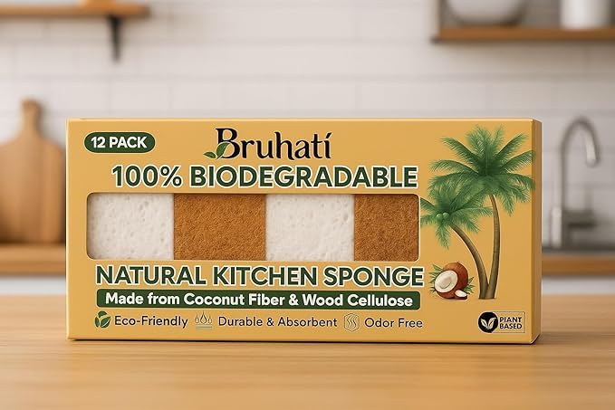 Natural Biodegradable Sponges for Kitchen 12 Pack – 100% Compostable Cellulose & Coconut Fiber Dish Sponges, Eco-Friendly, Non-Toxic, Sustainable Scrubbers for Washing Dishes & Cleaning