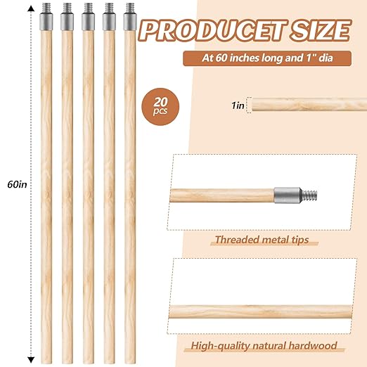 Barydat 55 Inch Lacquered Wood Broom Handle with Metal Threaded Tip Heavy Duty Natural Lacquered Wood Handle for Floor Home Office Commercial, 1" Diameter(20 Pack)