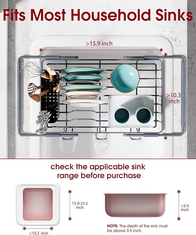 Dish Drying Rack in Sink - Expandable Stainless Steel Dish Rack Over The Sink, Kitchen Sink Drain Strainer with Cutlery Holder & Cup Holders, 15.4 x 9.8 x 3.0 Inch, Silver