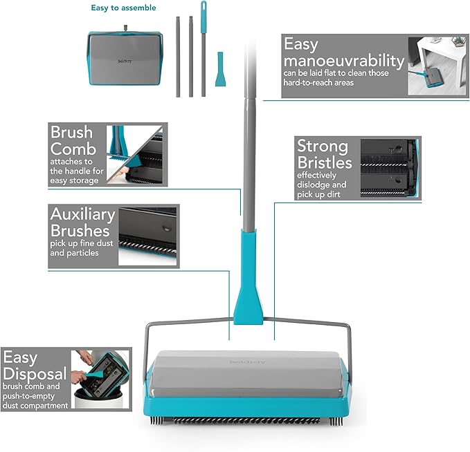 Beldray Manual Carpet Sweeper - Includes Cleaning Comb for Bristles, Lightweight Cordless Floor Cleaner, Pet Fur Remover, Easy Use, Thin & Compact, Suitable for Rugs & Hard Indoor Floors