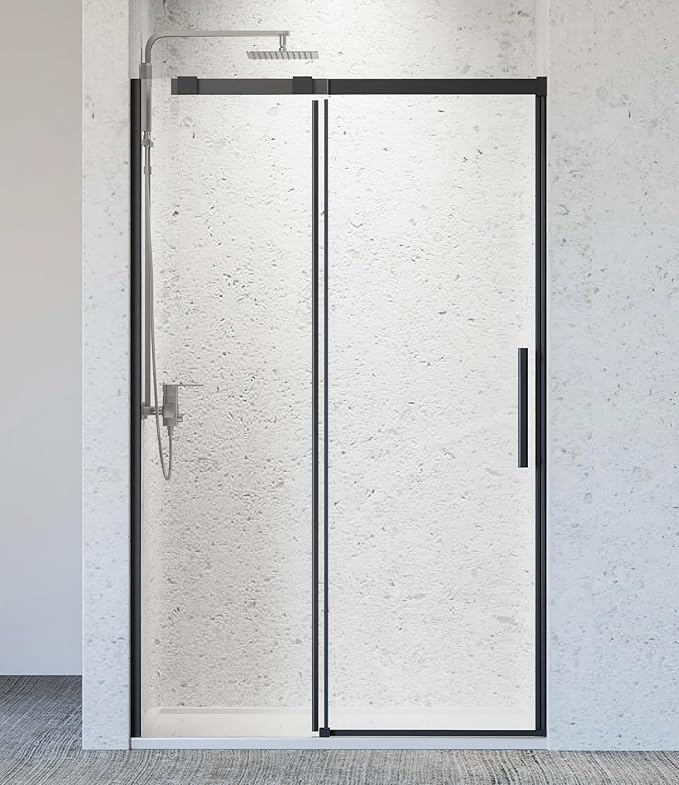 46-48" W x 76" H Frameless Sliding Shower Door, Bathroom Single Sliding Shower Doors with 5/16" (8mm) SGCC Tempered Glass and Stainless Steel Handle, Reversible Installation, Matte Black