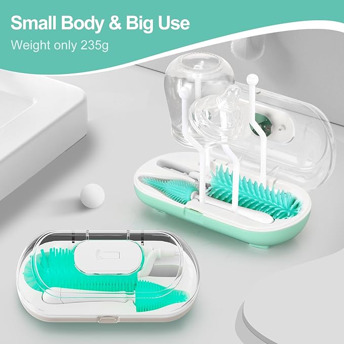 Bottle Brush Set,Travel Bottle Cleaner Kit with Baby Bottle Brush,UV Light,Straw Brush,Nipple Brush,Bottle Drying Rack for Home and Travel(Green)