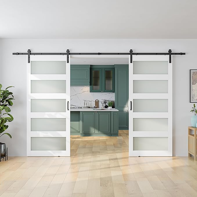 SmartStandard 68 x 84 in (Double 34×84 Door) Glass Barn Door with 12FT Sliding Hardware Kit & Handle, Pre-Drilled Ready to Assemble, Waterproof PVC Coating, 5-Panel Glass, White