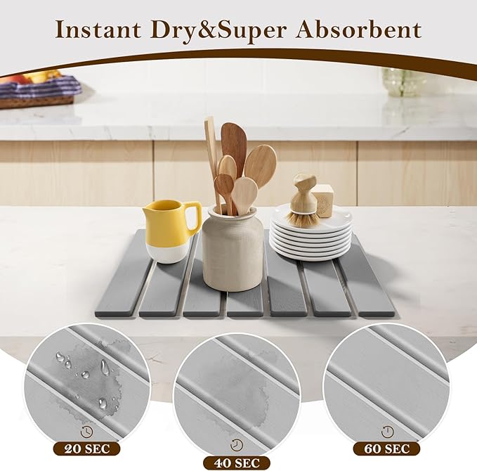 Stone Dish Drying Mats for Kitchen Counter,15.5“x 11.8”,Eco-Friendly,Foldable quick dry stone mat kitchen,Absorbent Diatomaceous Earth Mats for Dishes Bottles Cups Bathroom Any Countertop-Light Gray