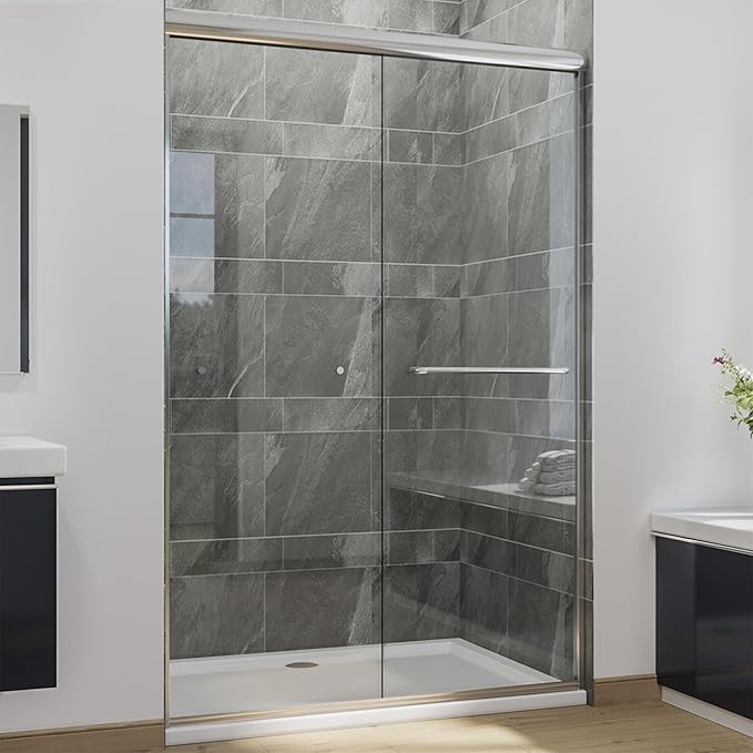 SUNNY SHOWER Double Sliding Shower Door Semi-Frameless Shower Enclosure 1/4 inch Glass Bypass Sliding Bathroom Door, Chrome Finish, 48 in. W x 72 in. H
