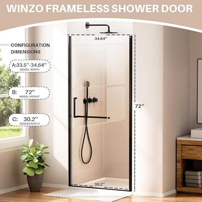 WinZo 33-34" W ×72" H Frameless Pivot Shower Door, Pivot Swing Shower Glass Doors with 1/4"(6mm) SGCC Clear Tempered Glass,Explosion-Proof Film, Reversible Installation, Matte Black
