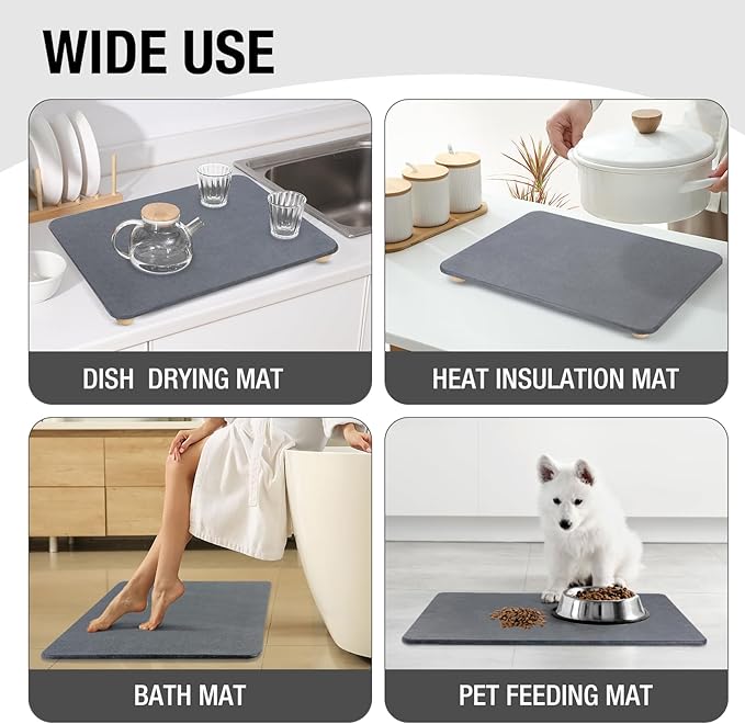 Large Stone Dish Drying Mat for Kitchen Counter, 24"×16" Quick Dry Super Absorbent Eco-Friendly Diatomaceous Earth Stone Mat with hemisphere wooden feet, Non-slip, Heat Resistant, Multi-purpose mats.