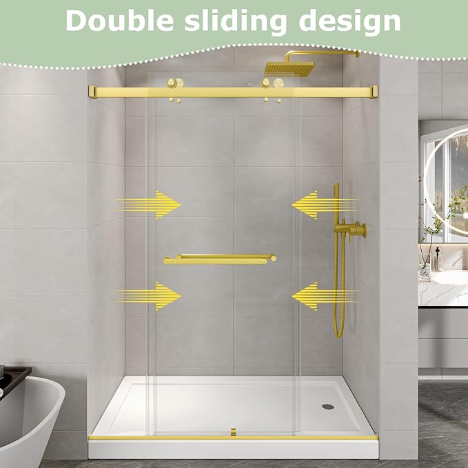 49"- 54" W x 76" H Frameless Shower Door, Double Sliding Shower Door,5/16"(8mm) Clear Tempered Glass,Easy Sliding Shower Door with Explosion-Proof Film (Brushed Gold 54" Wx76 H)