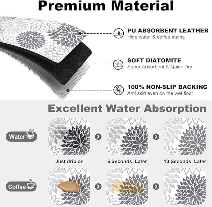 Findosom 2PCS 17" x 32" Dish Drying Mat & 24" x 5.5" Sink Splash Guard, Super Absorbent & Cuttable Dish Mat Drying Kitchen Mat with Gray Floral, Hide Stain Drying Mat for Kitchen Counter