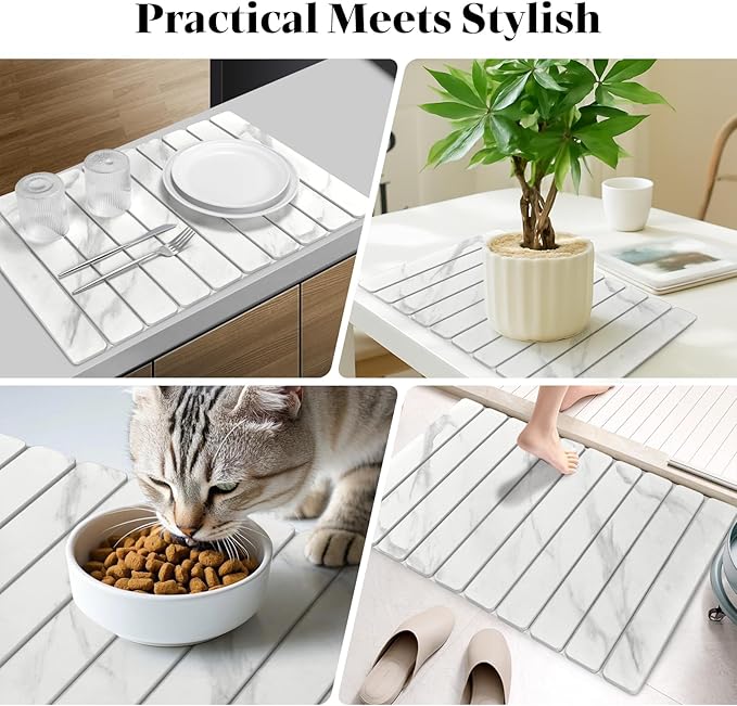 Large Stone Dish Drying Mats for Kitchen Counter, 24"(L)×16"(W) Marble-Pattern, Fast Drying Collapsible Dish Drying Mat, Eco-Friendly Absorbent Diatomaceous Earth Mats for Match Countertop