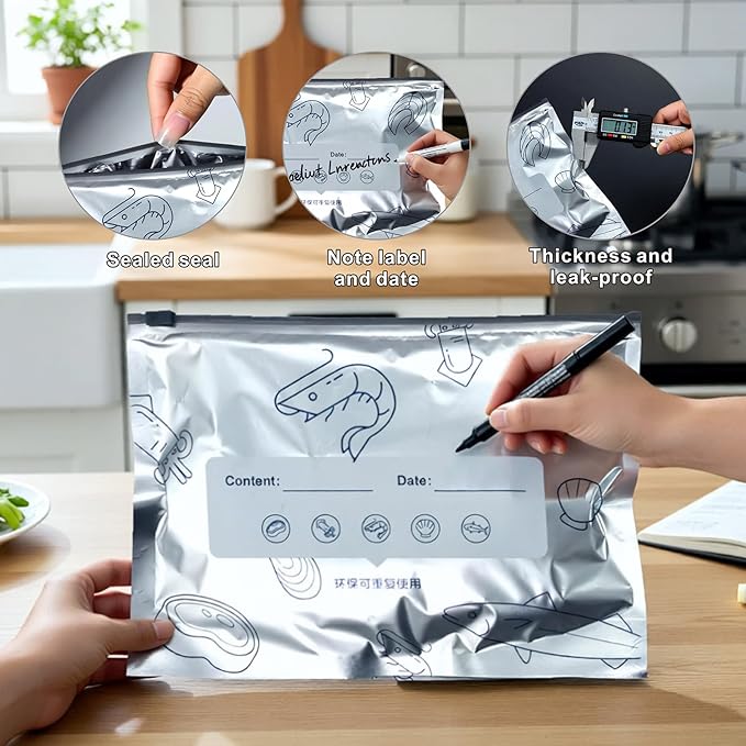 40PCS Reusable Aluminum Foil Freezer Bags, Sealable Stand-Up Zipper Storage Bags for Food, Meal Prep & Kitchen in 3 Sizes(Small, Medium, Large)
