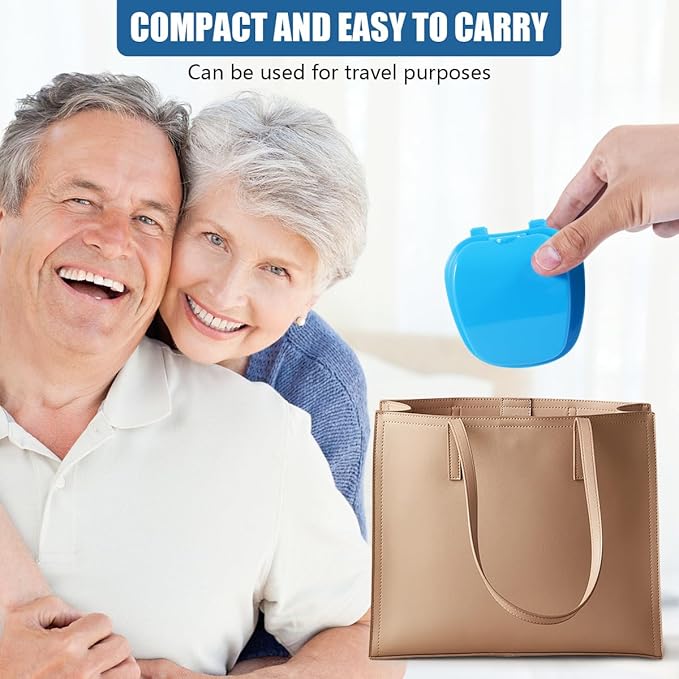 2 Pack Denture Bath Case Cup Box Holder Storage Container with Denture Cleaner Brush Strainer Basket for Travel Cleaning (Light Blue and Black)