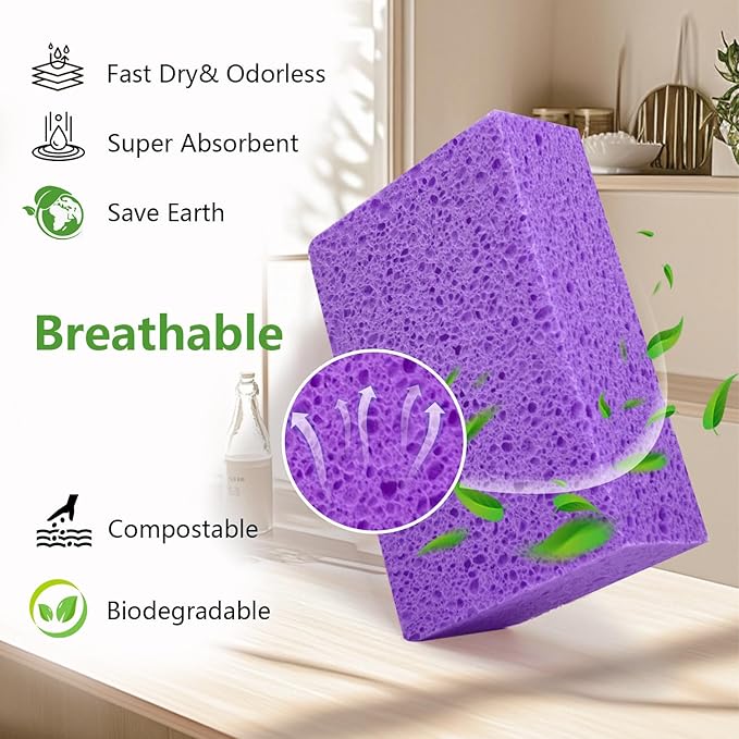 Cleaning and Washing Sponge, 3 Pack Large Extra Thick Heavy Duty Sponge Multi-Purpose for Kitchen Bathroom Bike Boat Car, Natural Cellulose Sponges 4" X 6" X 2" (Purple)