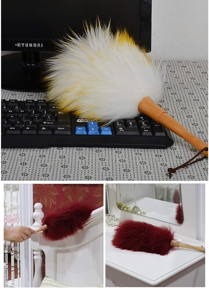 Pure Lambs Wool Duster with Wood Handle, Fluffy Lambswool Duster, Thicken Encryption, Anti-Static, Duster for Home, Office and Car, 19.3 inch(C)