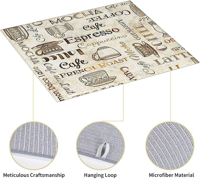 Coffee Pattern Dish Drying Mat 16x18 inches Microfiber Absorbent Fast Dry Mat for Kitchen Counter Coffee Bar Vintage Coffee Drying Mat Kitchen Decor Gifts (Vintage Coffee, 16x18 inches)