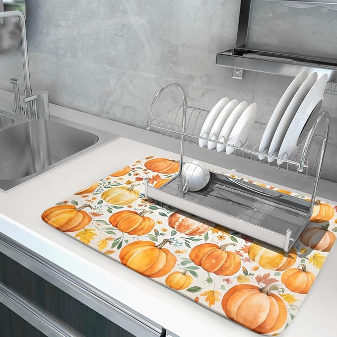 Fall Pumpkin Thanksgiving Dish Drying Mat for Kitchen Counter 18x24 Autumn Leaves Harvest Theme Absorbent Reversible Microfiber Drying Mats Kitchen Countertop Protector Dishes Drainer Pad