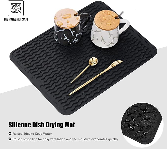 Large 14" x 11" Silicone Dish Drying Mat for Kitchen Counter, Easy clean, Quick Dry, Heat-resistant Dish Drainer Mat for Sink,Refrigerator or Drawer liner (Food Grade Silicone-Beige)