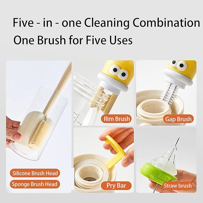 5-in-1 Multifunctional Cup Brush, Bottle Cleaning Set with Rim Brush, Gap Brush, Silicone Head, Sponge Head and Straw Brush (Orange)