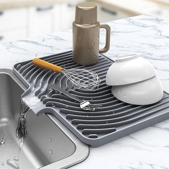 Kitchen Drying Mat for sink with a bulged edge,10"14"18"20"Silicone Dish Drying Mat with built-in Drain Spout, Rubber Dish Mat for Kitchen (18"×12"gray)